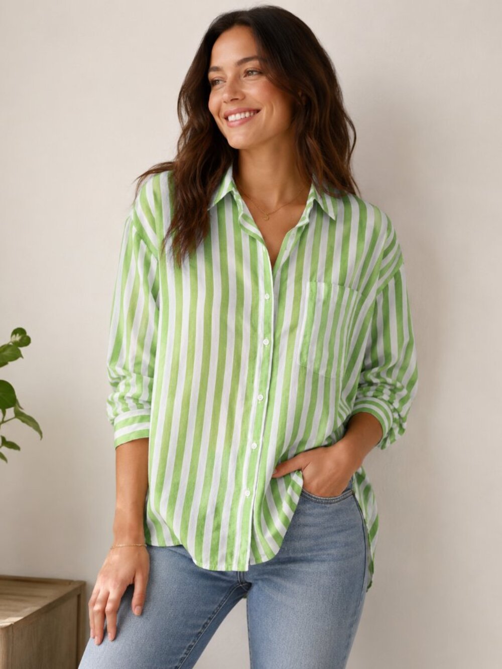 Old Navy The Boyfriend Shirt Women’s XL Green White Striped Button Down Oversize